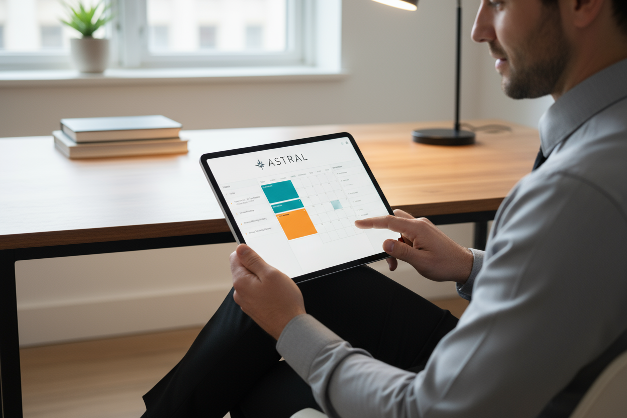 genera il video di un uomo seduto alla scrivania che tiene in mano un i-pad, poi mostra che sull i-pad l uomo sta utilizzando un digital planner e grazie ad esso riesce a organizzare al meglio i propri impegni. mostra anche il brand del digital planner che si chiama "astral"

